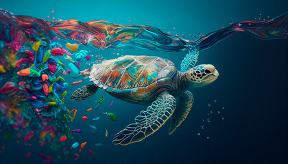 Beautiful Maldivian sea turtle swimming over a coral reef with color microplastic under the sea. Blue ocean and environmental technology concept, generative ai