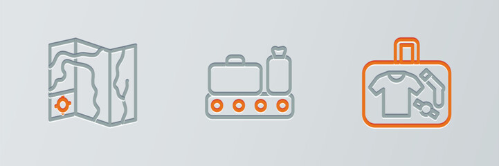 Set line Suitcase, World travel map and Conveyor belt with suitcase icon. Vector