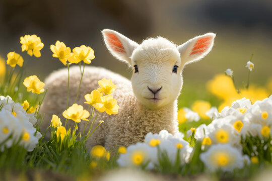 A cute baby spring lamb in a field of spring flowers. Generative ai
