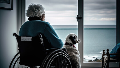Fototapeta na wymiar Generative AI Illustration of an elderly lady sitting in a wheelchair next to her dog contemplating the sea and the beach from a room