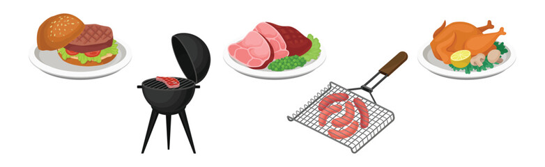 Barbecue Food with Grilled Meat and Vegetables on Plate Vector Set