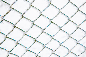 snowy, in the frost of the iron mesh of the fence 