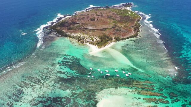 Aerial view of boats moored off Ilot Gabriel, Gabriel Island on Mauritius Island.