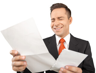 Young handsome business man with paper isolated on white background