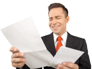 Young handsome business man with paper isolated on white background