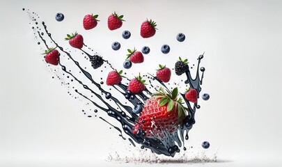  a strawberry splashing into a glass of water with blueberries and raspberries on the side of the glass and splashing on the glass.  generative ai