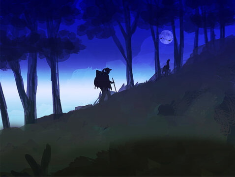 Boy and his loyal Dog on Nighttime Mountain Trek in Jungle of forest at night: Blue Moon Adventure Hiking