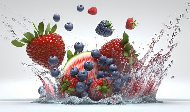  a bunch of strawberries and blueberries splashing into the water with a splash of water on the bottom of the image and the image.  generative ai
