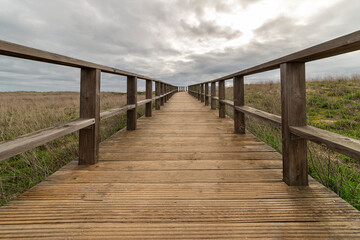 Fototapeta premium Wooden boardwalk with a cloudy sky