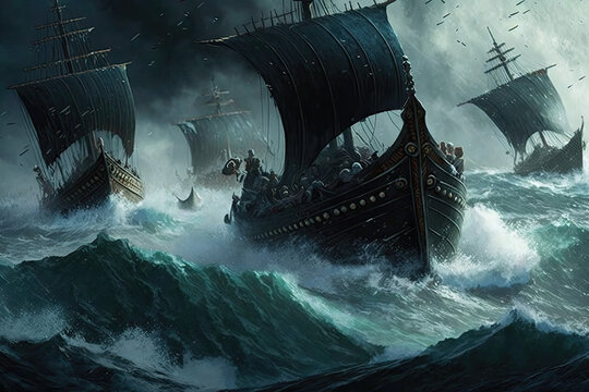 Viking ships fighting the storm. Wooden boats of the Vikings setting out to conquer. generative ai.