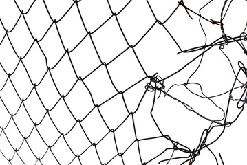 The texture of the metal mesh on a white background. Torn steel, metal mesh with holes