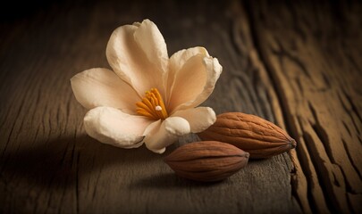  a white flower and two almonds on a wooden table with a dark background and a light brown center with a yellow center and a brown center.  generative ai