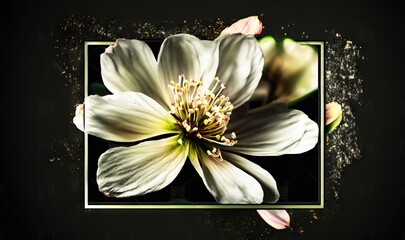  a white flower with yellow stamens in a square frame on a black background with gold flecks and a black border around it.  generative ai