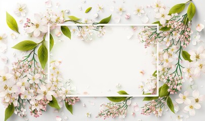  a white square frame surrounded by pink flowers and green leaves on a white background with a place for a text or a picture of a flower.  generative ai