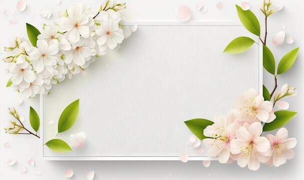  a white frame with pink flowers and green leaves on a white background with a place for a text or a picture with a place for your own text.  generative ai