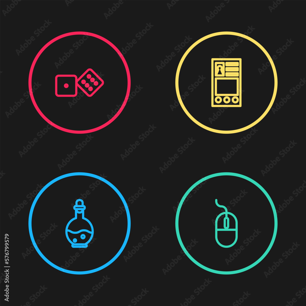 Poster set line bottle with magic elixir, computer mouse, create account screen and game dice icon. vector