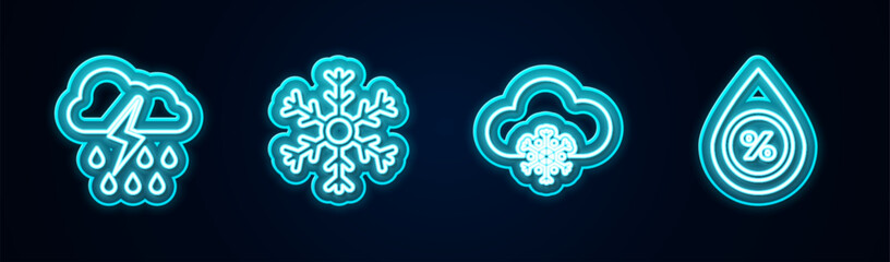 Set line Cloud with rain and lightning, Snowflake, snow and Water drop percentage. Glowing neon icon. Vector