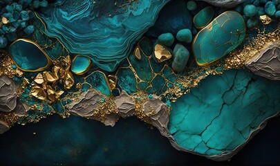 a painting of blue and gold with gold accents on it's edges and a mountain range in the background, with a blue and gold hued surface.  generative ai