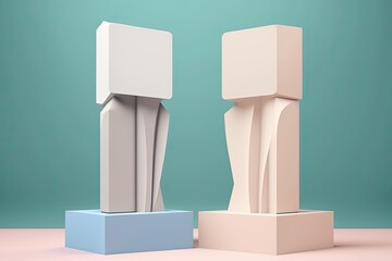 Two empty, white podiums are set against a beige background in this abstract illustration. Prototype display for showcasing a product. Minimalist thinking. Example of an Ad Layout. Generative AI