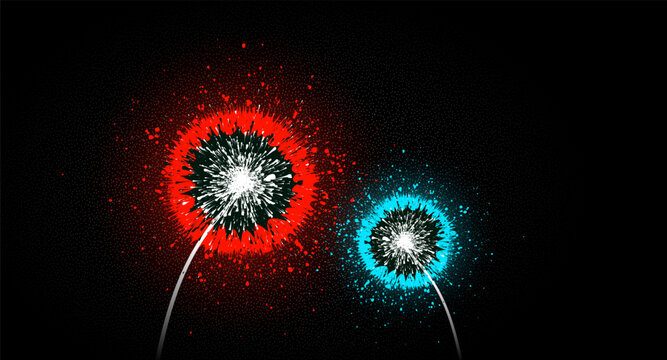 Two dandelions in style splash drop flower action color red and blue art vector black background