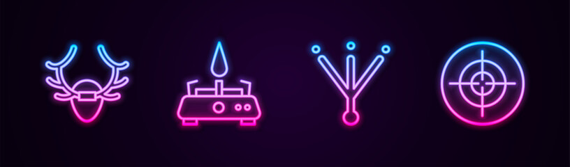 Set line Deer antlers on shield, Camping gas stove, Bird footprint and Target sport. Glowing neon icon. Vector