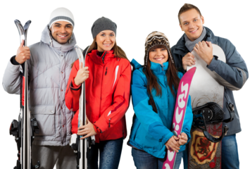 Happy young couples of snowboarders and skiers isolated on white