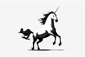 Unicorn bucking its hind legs and is white. Illustration of a fantastical creature on a plain white background. Generative AI