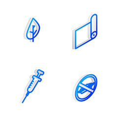 Set Isometric line Fitness mat roll, Leaf, Syringe and Food no diet icon. Vector