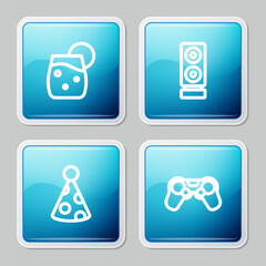 Set line Cocktail, Stereo speaker, Party hat and Gamepad icon. Vector