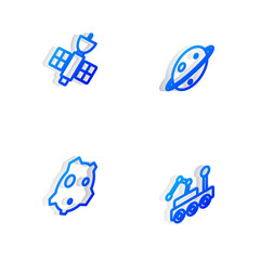 Set Isometric line Planet Saturn, Satellite, Asteroid and Mars rover icon. Vector