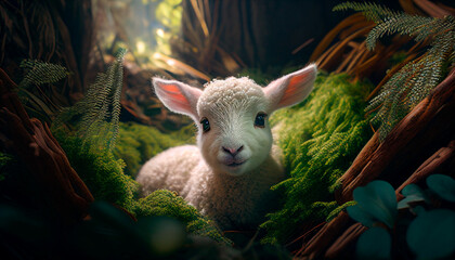 Cute little lamb in a green fairy summer forest, generative ai