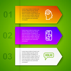 Set line Head with gear inside, New chat messages notification and Hola different languages. Business infographic template. Vector © vector_v