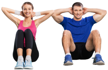 Young couple training together  on white background