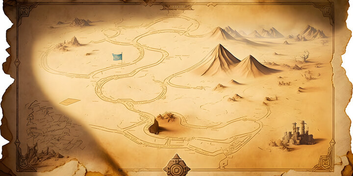 A parchment map of the desert is used as the level background for the game, with sand dunes, blueprint drawing