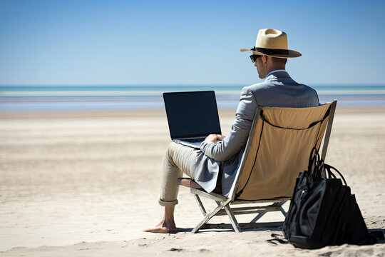 AI Generative Illustration Of A Man Wearing A Suit And Straw Hat Sitting On A Deck Chair On The Beach Working With A Laptop While Enjoying A Sunny Day In The Sun