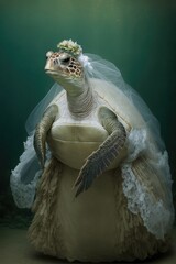  Sea turtle dressed up in wedding dress. Generative AI