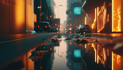  a city street with a puddle of water on the ground and cars on the road in the distance, with buildings in the background, and a person holding a camera in the foreground.  generative ai