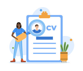 Woman look at cv young man. People search concept. Recruitment scene. Vector illustration with isolated people scene