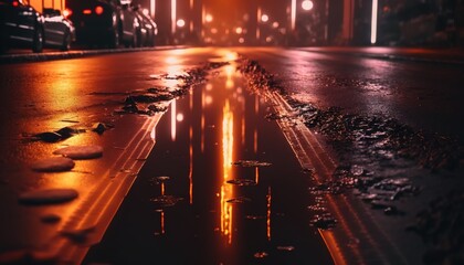  a wet street with puddles of water on the ground and a street light in the background with cars on the road at night time.  generative ai