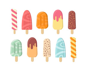 Ice Lolly Collection. Cute Colorful Ice Cream on Sticks. Flavoured Ice Set.
