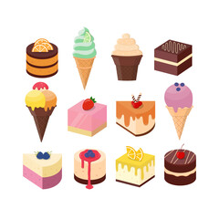 Desserts Collection. Cake Pieces and Ice Cream Set. Sweet Food Isolated.