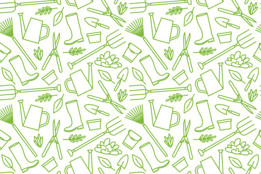 green seamless pattern with gardening tools- vector illustration