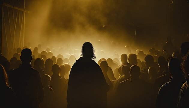  A Person Standing In Front Of A Crowd Of People At A Concert With A Light Shining On Them And Fog Coming From The Stage Behind Them.  Generative Ai