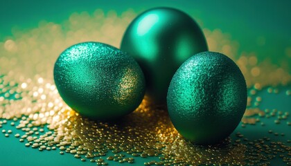  three shiny green eggs sitting on a green tablecloth with gold flecks on the ground and a green background with gold flecks.  generative ai