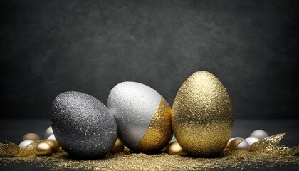  a group of three eggs sitting next to each other on top of a table with gold and silver decorations on it and a black background.  generative ai