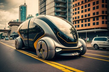 Fototapeta premium Transport of future: Futuristic self-driving car on the streets of megapolis