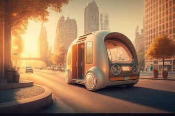 Obraz premium Transport of future: Futuristic self-driving car on the streets of megapolis