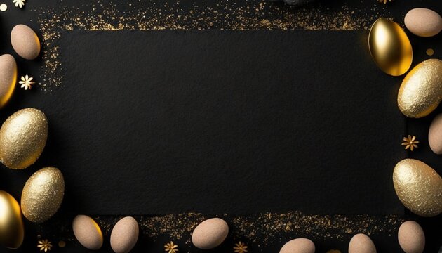  A Black Background With Gold And White Eggs And A Black Square With A Gold Border On The Bottom Of The Image And A Black Background With Gold And White Eggs.  Generative Ai