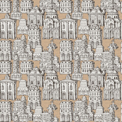 Vector seamless pattern with old hand drawn houses in retro style. Cityscape background with old style building facades and fountains, can be used as wallpaper, wrapping paper, textile, fabric