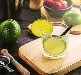 Brazilian caipirinha, typical Brazilian cocktail made with lemon, cachaça and sugar. Cultural and gastronomic heritage of Rio de Janeiro. Drink symbol of Brazil.